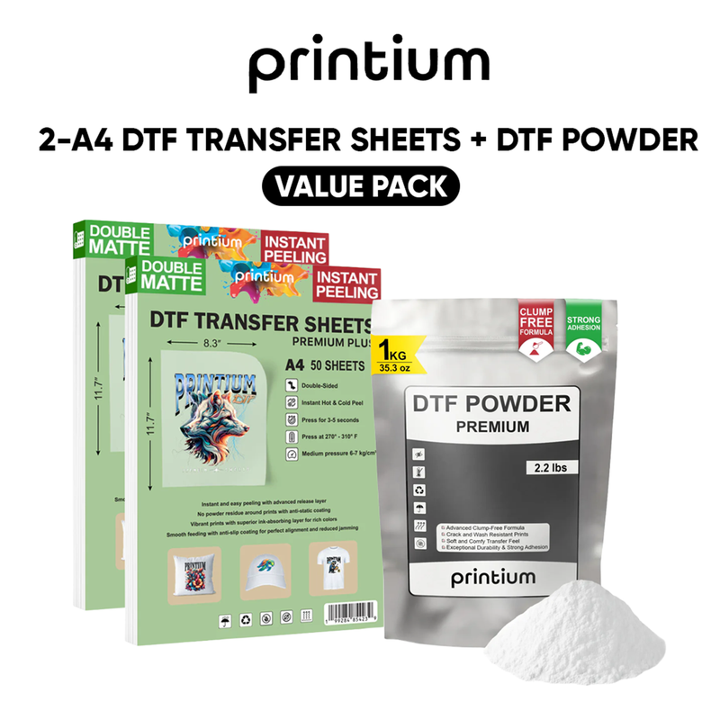Premium Plus A4 DTF Film Sheets & DTF Powder Bundle – 2 x 50-pack A4 DTF Sheets + 2.2 lbs DTF Powder