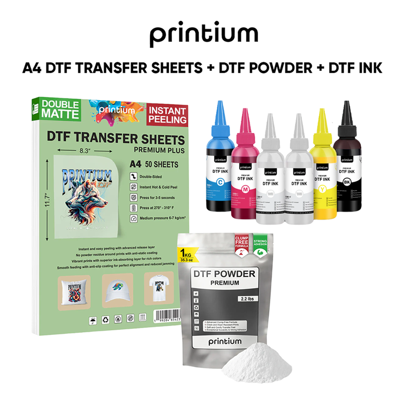 Premium DTF Printing Supply Bundle (Small) – 50-pack A4 DTF Sheets + 2.2 lbs DTF Powder + 6 × 100ml CMYKWW DTF Ink Set