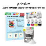 Premium DTF Printing Supply Bundle (Medium) – 100-pack A4 DTF Sheets + 2.2 lbs DTF Powder + 6 × 250ml CMYKWW DTF Ink Set